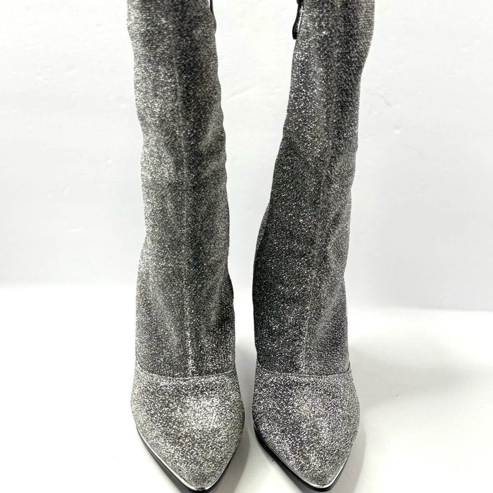 Nicole Miller Silver Metallic Pointed Toe Stiletto Boots Size 10 - Picture 1 of 7